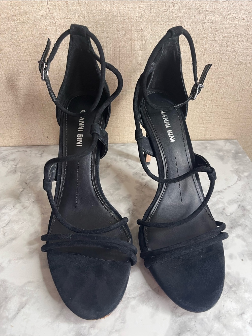 Gianni Bini Black Suede Multi-Strap Heeled Sandals